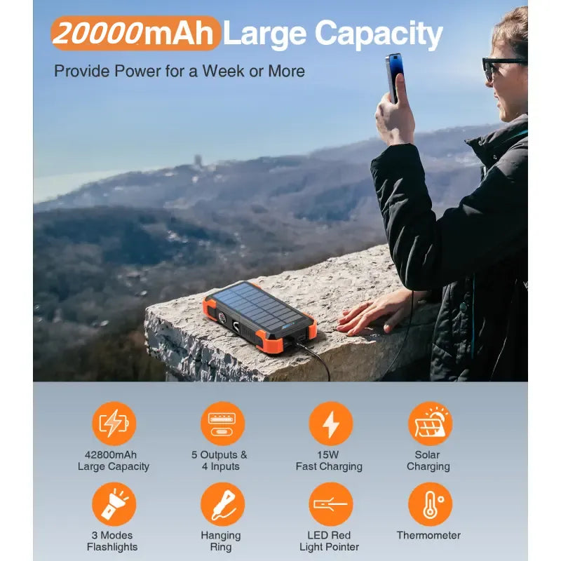 20000mAh Solar Power Bank with Wireless Charging, Dual Flashlights, Laser Pointer & 7-Device Output – Waterproof & Shockproof for Outdoor Use