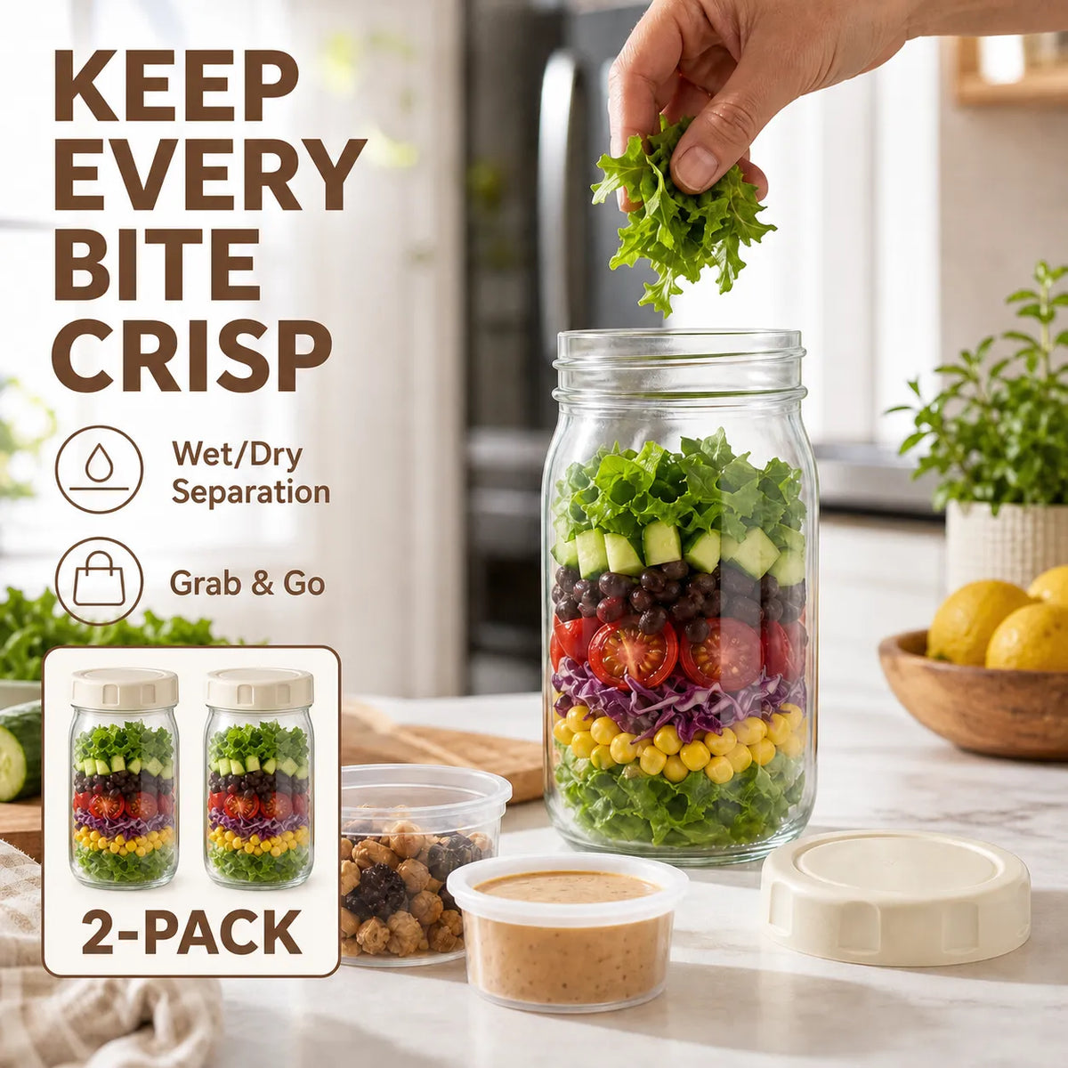 Layered Glass Salad Jar with Separate Dressing & Topping Cups