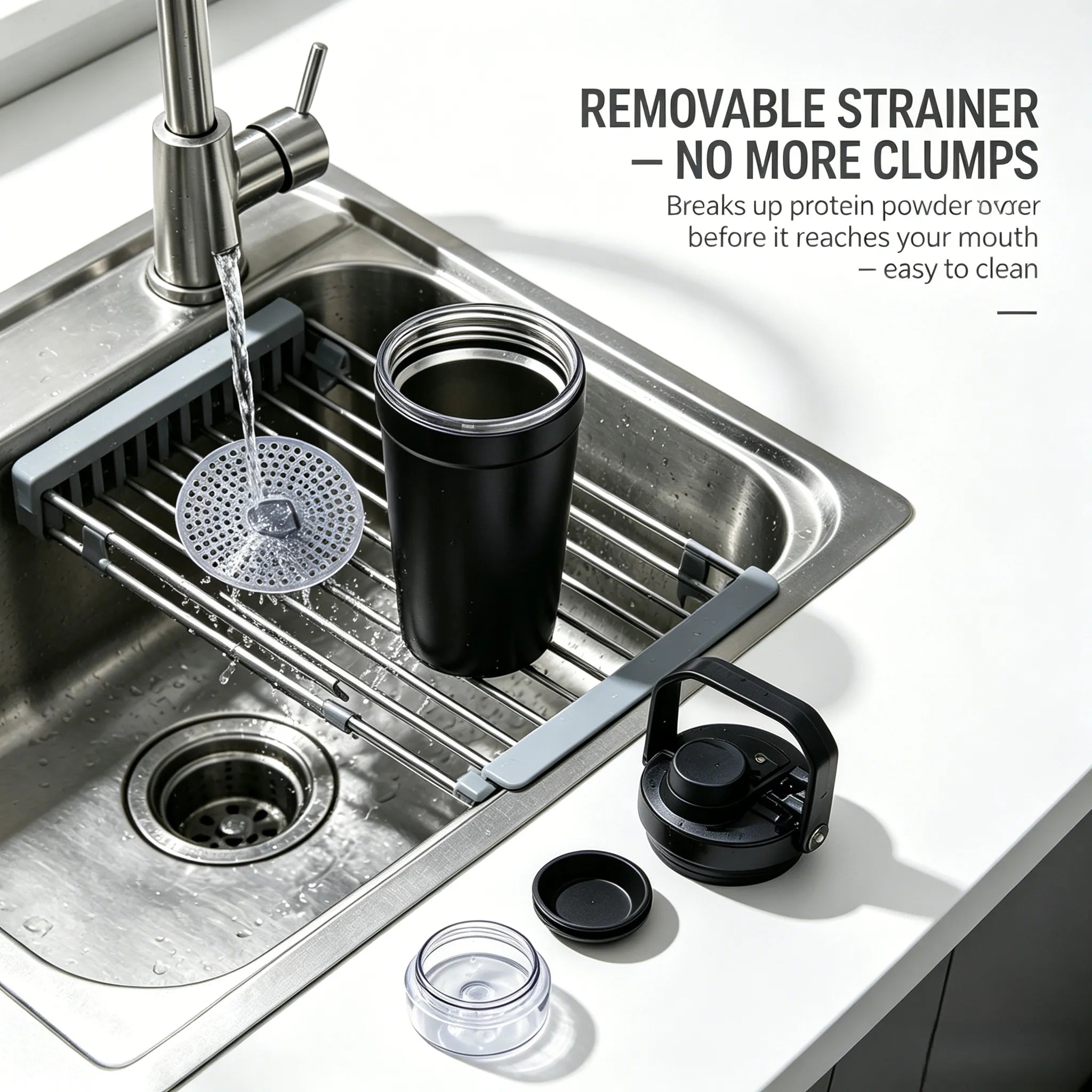 Shaker Cup – Double-insulated, keeps drinks cold for 8 hours – Comes with storage base and removable filter
