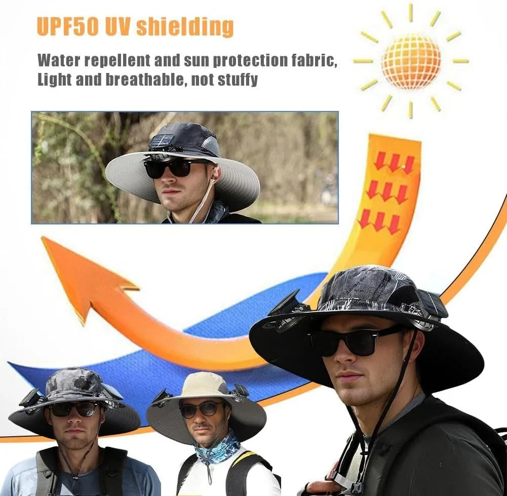 Wide Brim Sun Hat with Dual Solar-Powered Fans