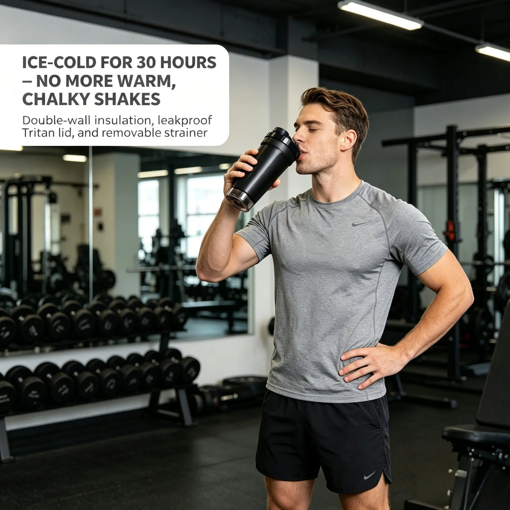 Shaker Cup – Double-insulated, keeps drinks cold for 8 hours – Comes with storage base and removable filter