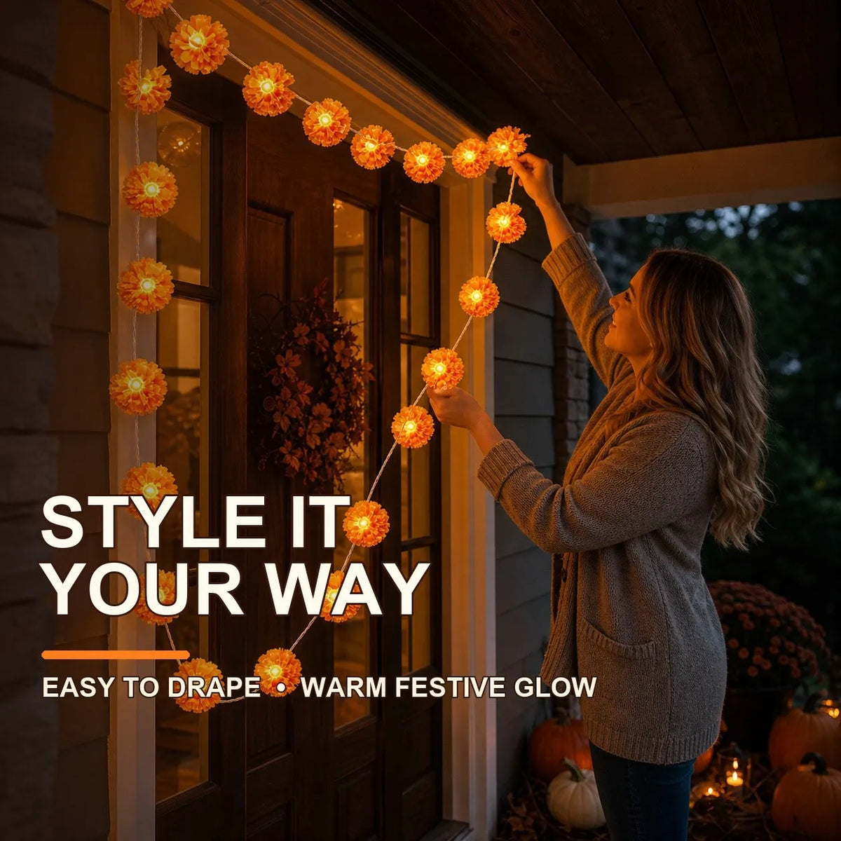 Lighted Marigold Flower String Lights - 10 ft, 20 Warm LEDs