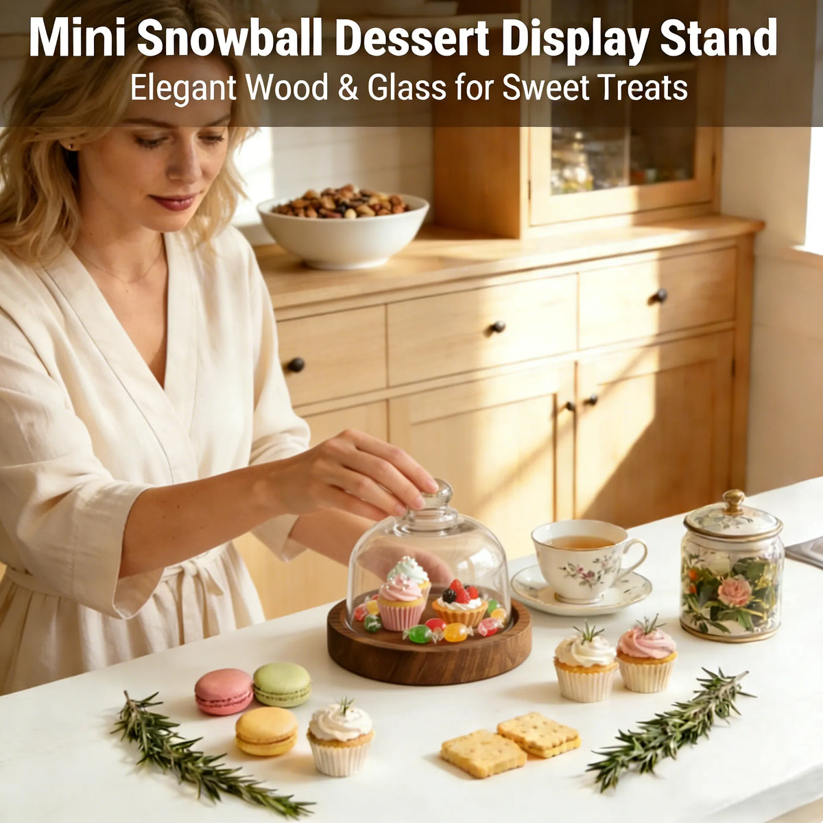 🍰 Mini Snowball Dessert Display – Elegant Wood & Glass Cake Stand