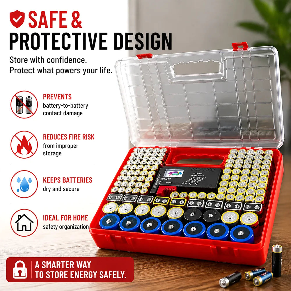🔋 High-Capacity Battery Storage Box with Built-in Tester