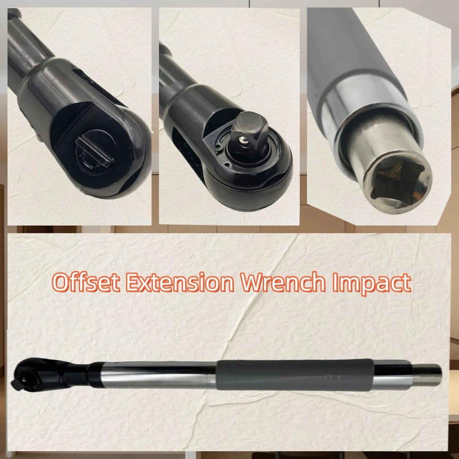Close views of the offset ratchet head and 1/2-inch drive end
