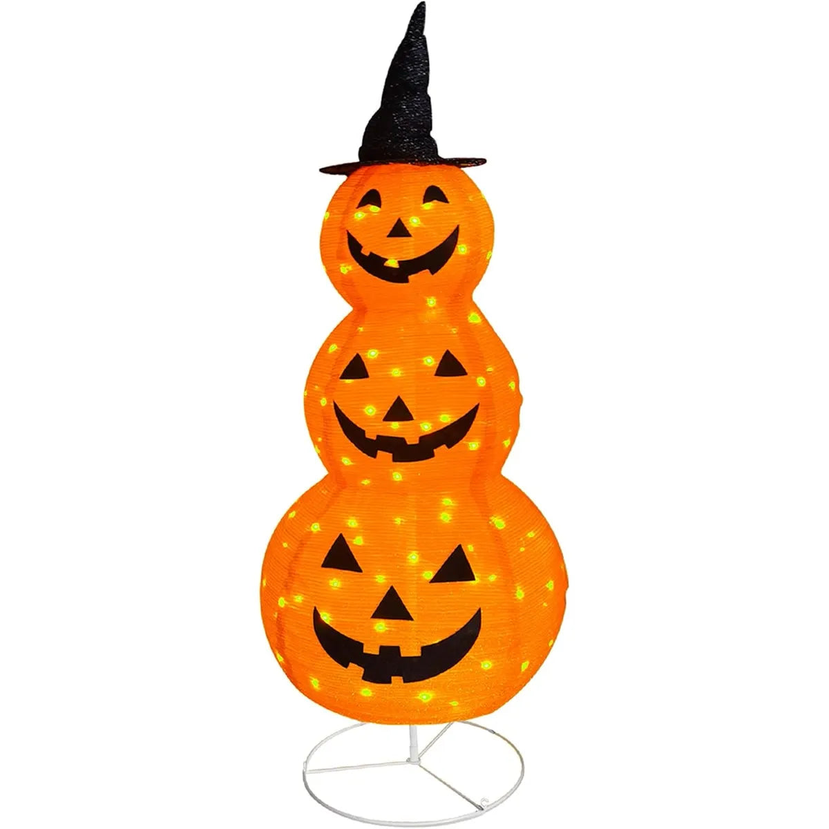 3-Tier Lighted Pumpkin Lantern Stack with Witch Hat