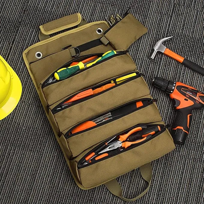 🧰 Portable Roll-Up Tool Bag Organizer – Heavy-Duty Canvas with 6 Compartments