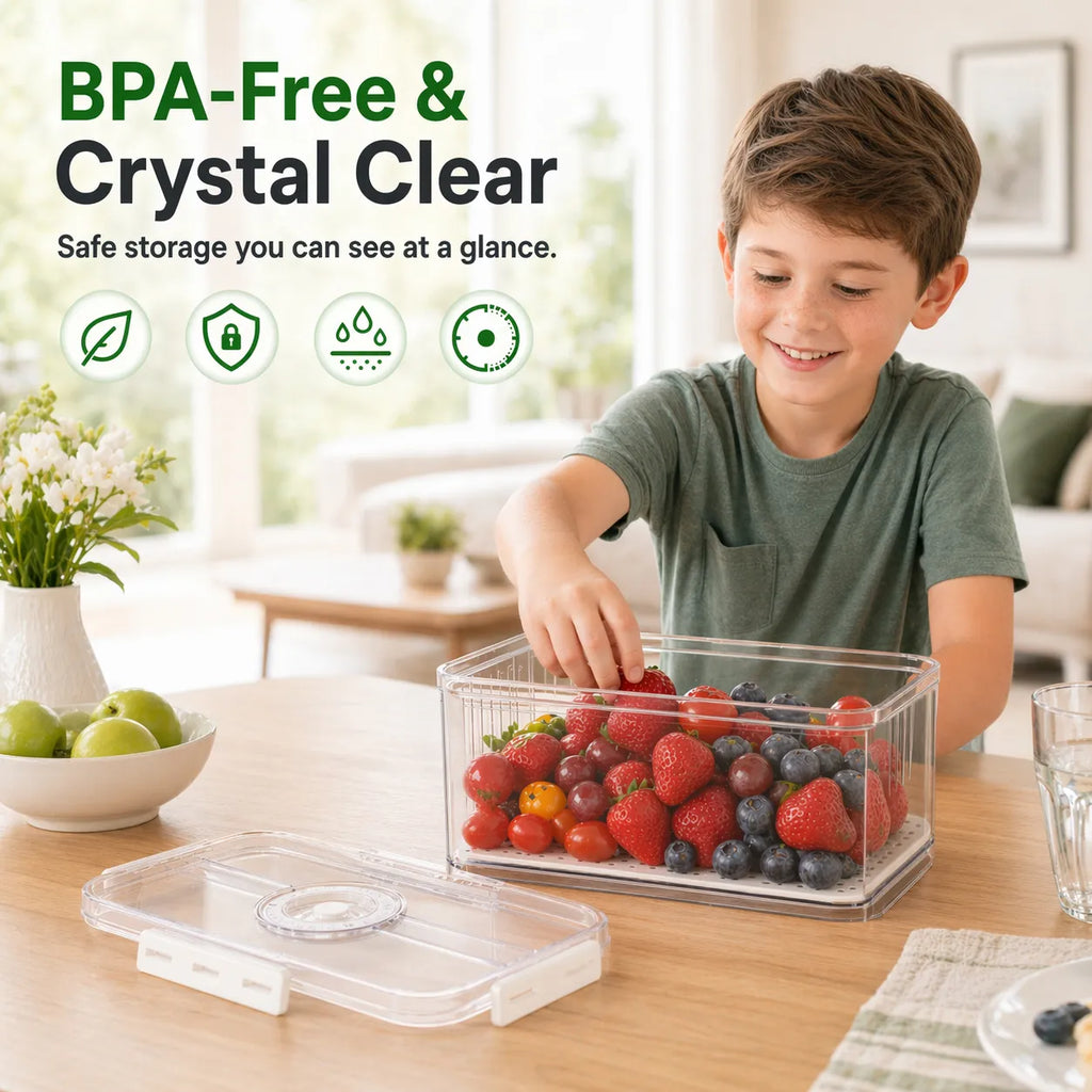 Produce Freshness Containers with Timer & Drainage – BPA-Free Fridge Organizer