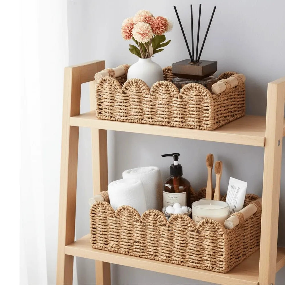 🌿Scalloped Wicker Storage Basket Set – Decorative Toilet Paper & Shelf Organizer