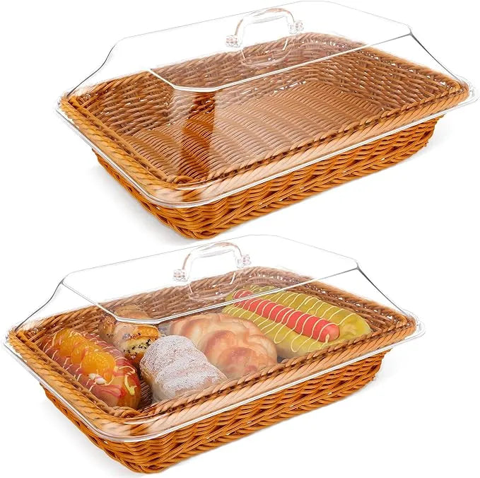 ✅ Large Handwoven Rattan-Style Bread Basket with Clear Acrylic Lid