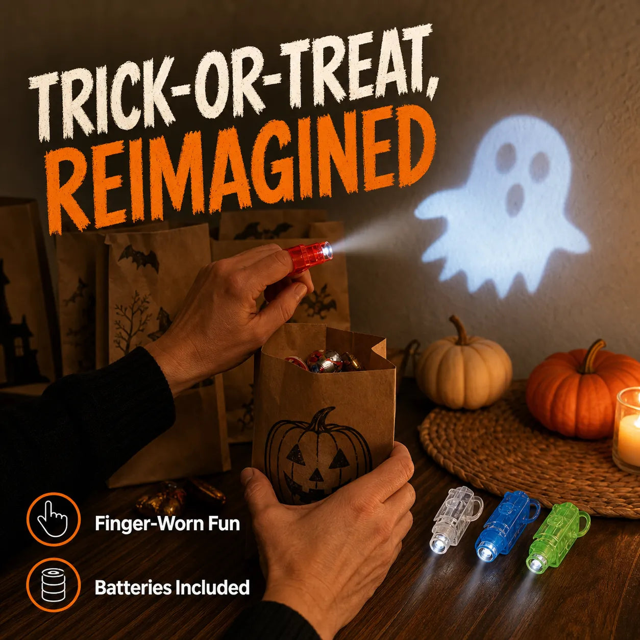 Spooky Beam Halloween Finger Projector Lights — 4-Piece Party Favor Set