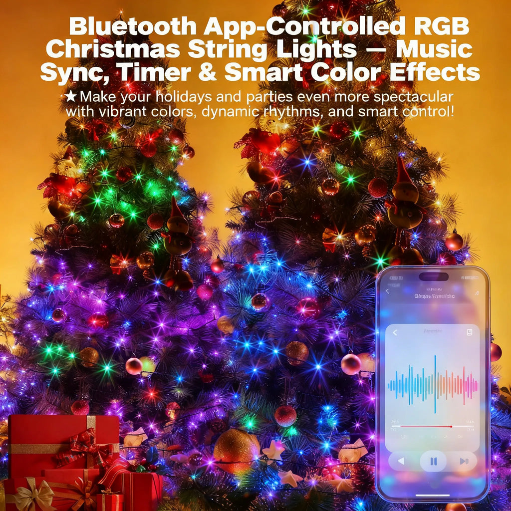 🎄 Bluetooth App-Controlled RGB Christmas Lights – Music Sync, Timer & Smart Color Effects
