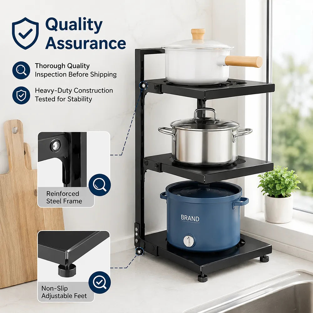 😃3-Tier & 5-Tier Carbon Steel Storage Rack for Pots, Pans, Lids & Cookware
