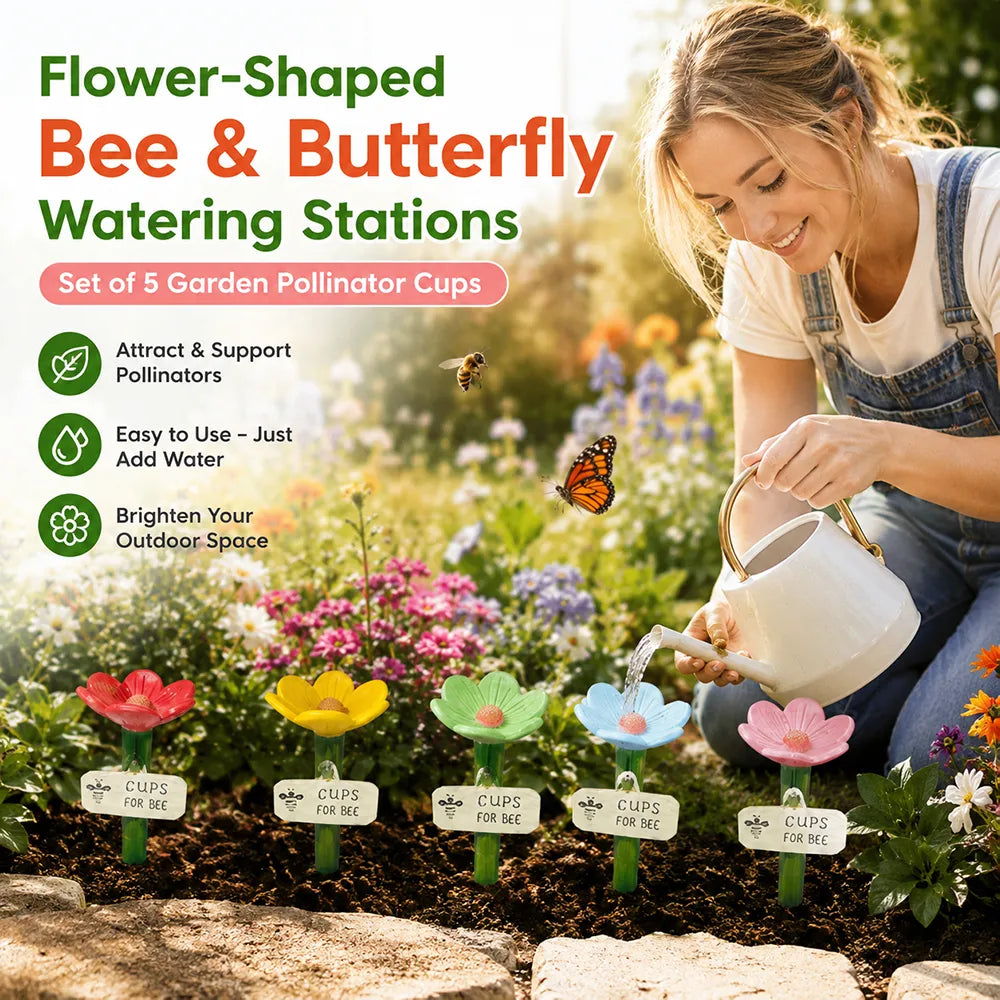 🌼Flower-Shaped Bee & Butterfly Watering Stations – Set of 5 Garden Pollinator Cups