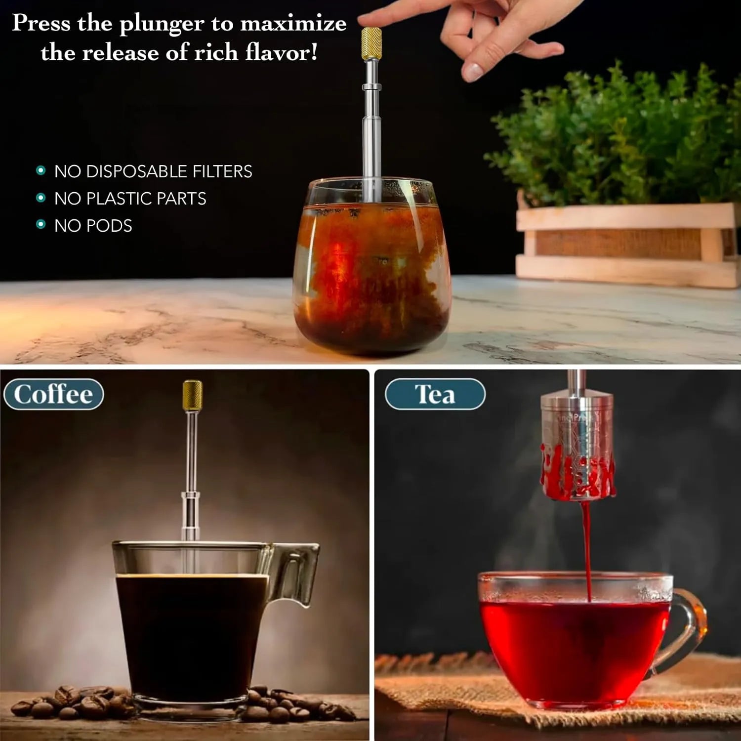 Premium Coffee and Tea Maker - Press the Plunger to Brew Anywhere - 304 Stainless Steel