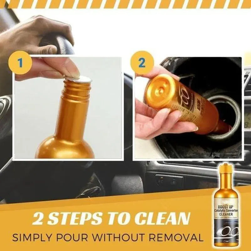 Two-step directions showing the bottle being opened and poured into the fuel tank