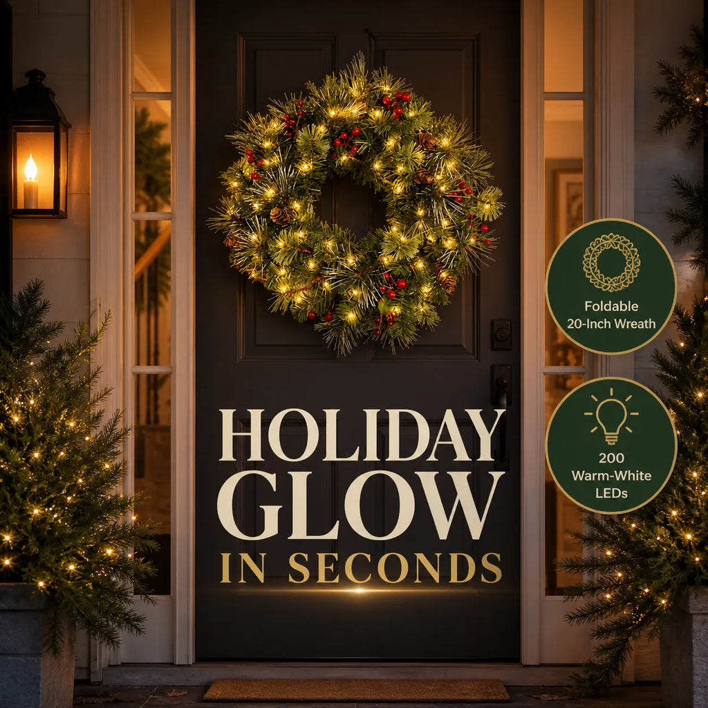 Foldable Pre-Lit Christmas Wreath with 200 Warm-White LEDs