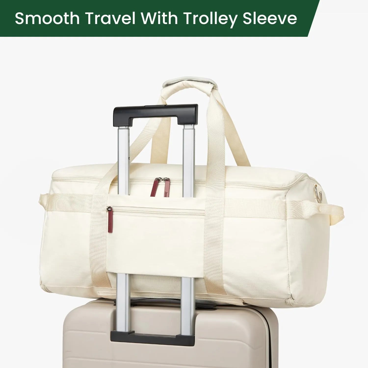 Rear trolley sleeve secured over a suitcase handle