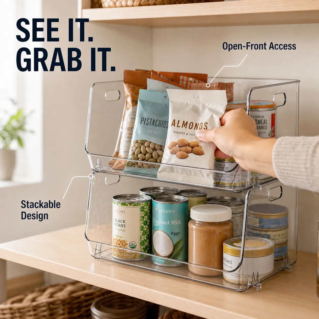 Clear Stackable Open-Front Storage Bins – 2-Piece Set