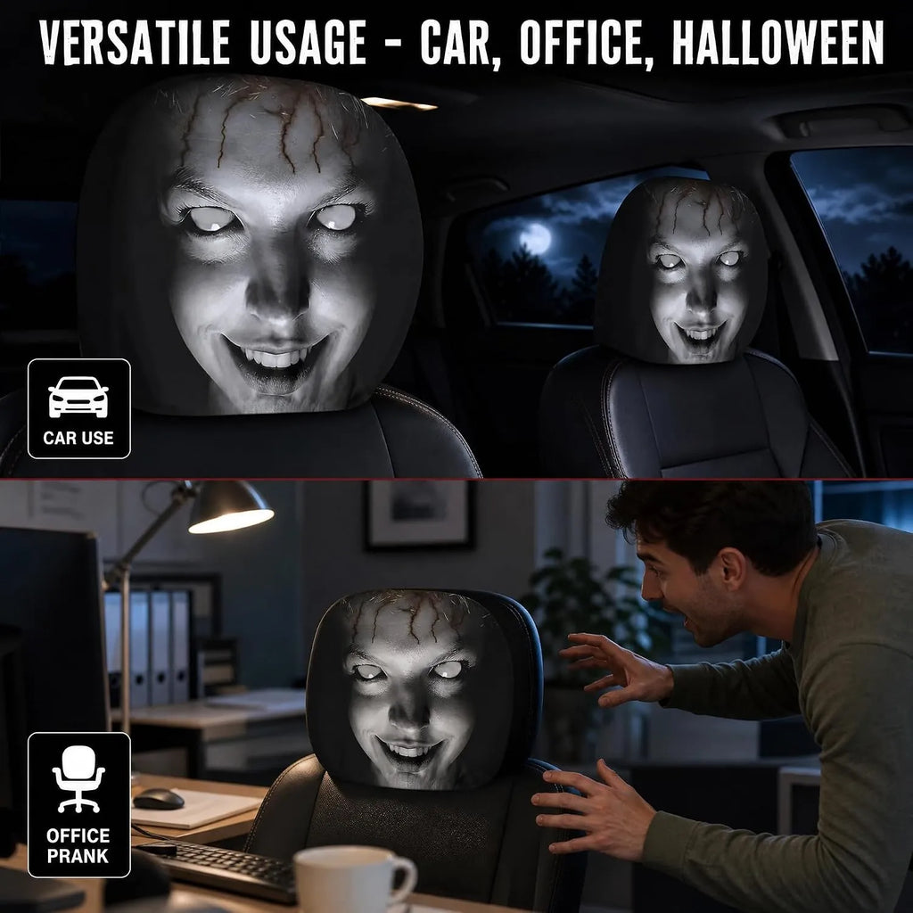 Scary Face Car Headrest Covers — 3 Slip-On Horror Designs
