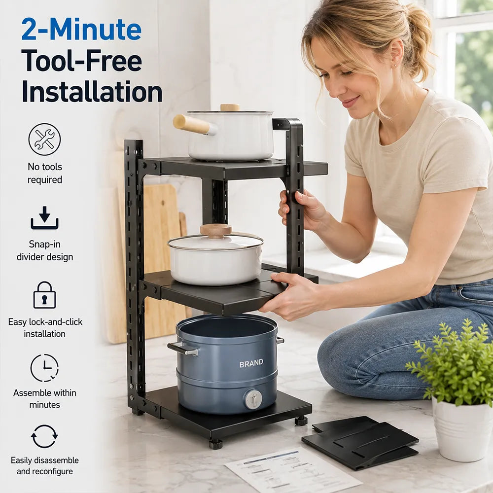 😃3-Tier & 5-Tier Carbon Steel Storage Rack for Pots, Pans, Lids & Cookware