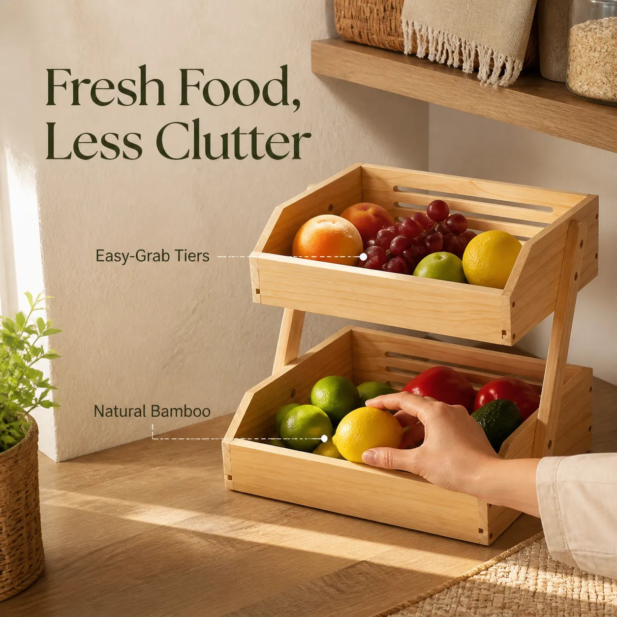 Two-tier bamboo organizer in a pantry setting