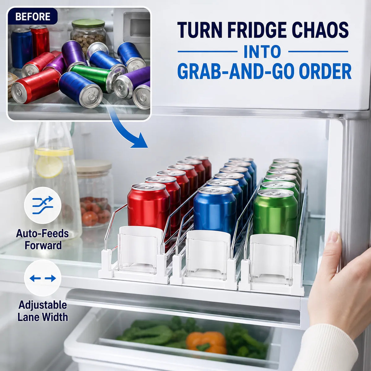 Spring-Loaded Refrigerator Drink Organizer