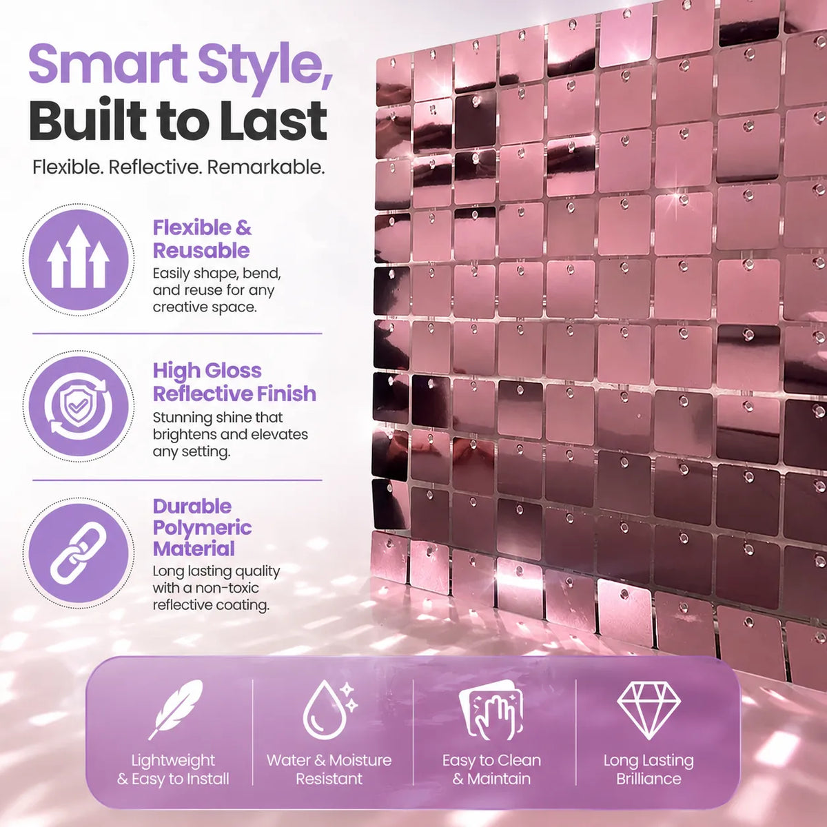 Pink square shimmer panel with flexible reflective construction benefits
