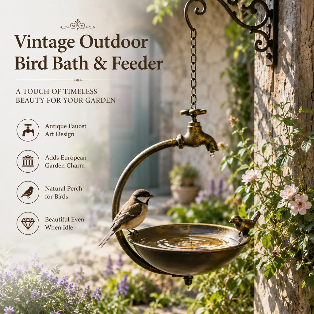 🐦 Vintage Outdoor Bird Bath & Feeder