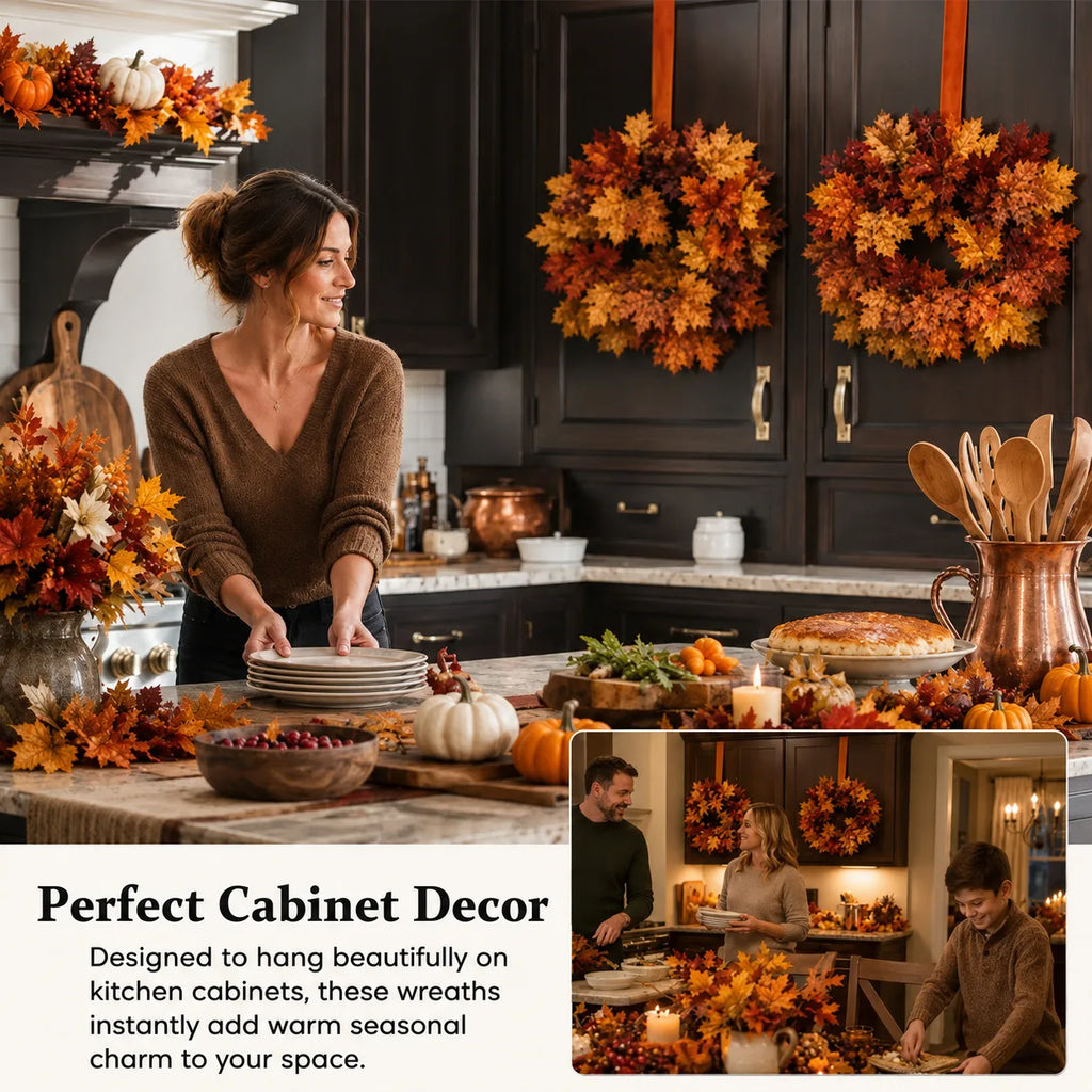 Mini Fall Maple Leaf Cabinet Wreath with Hanging Ribbon