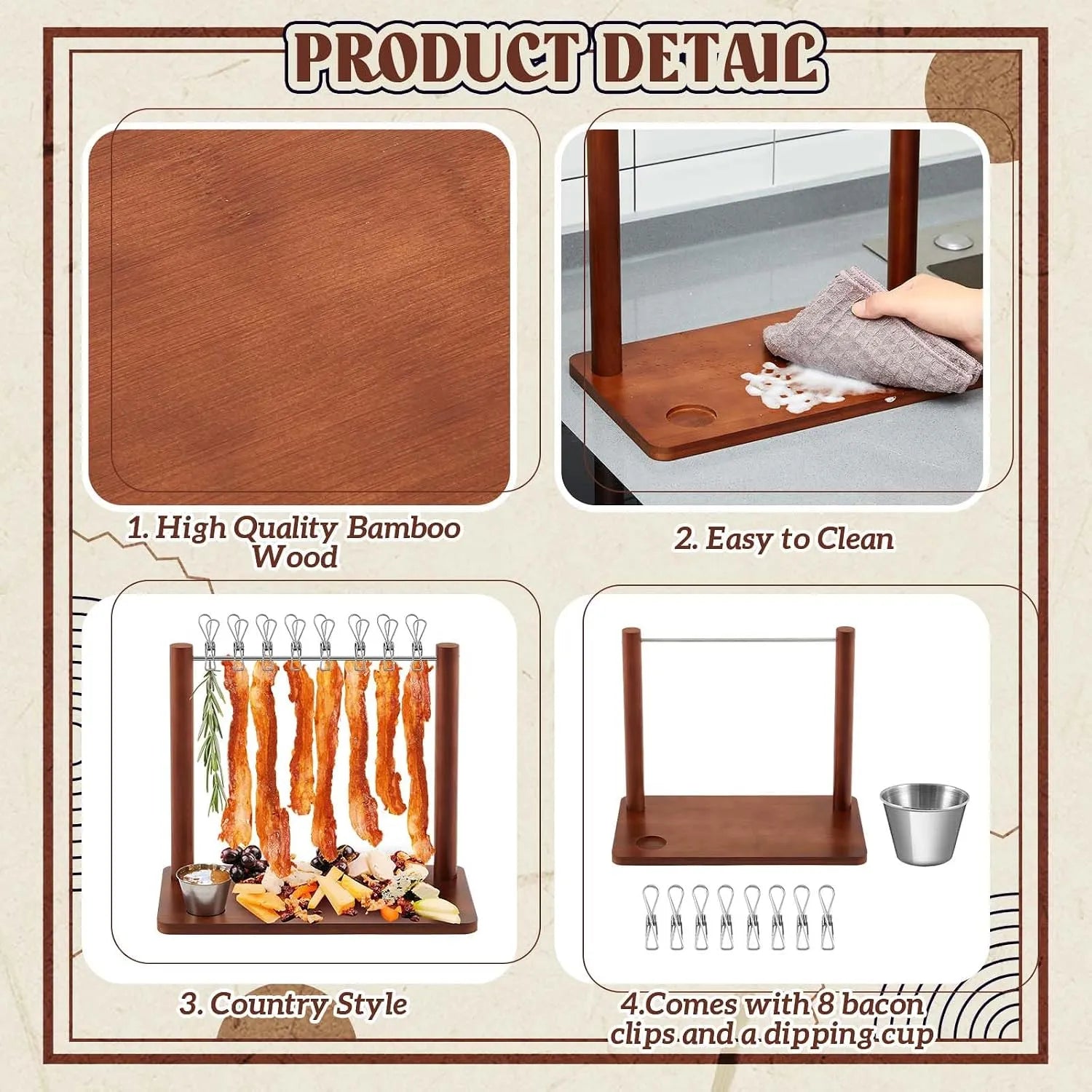 Wooden serving board product details and included accessories