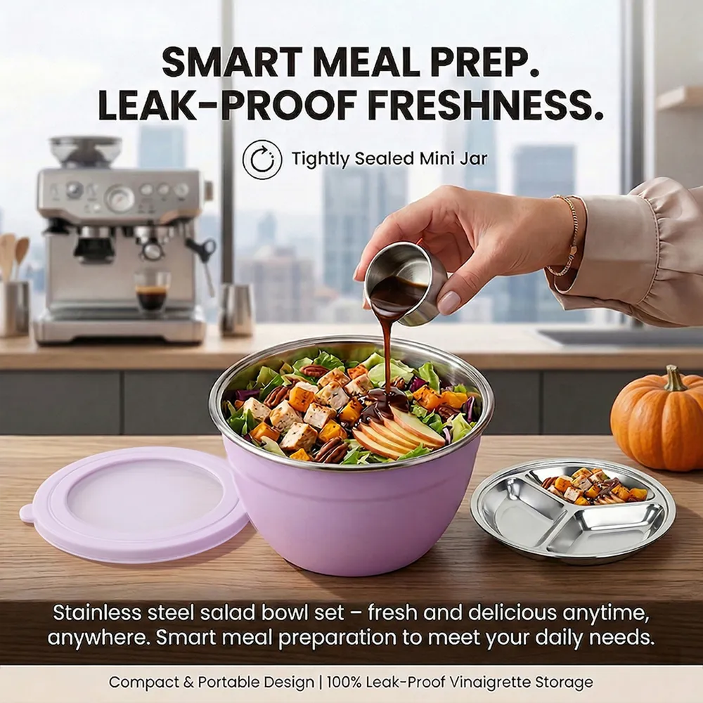 🥗 Stainless Steel Salad Bowl Set – Fresh Meals, Anytime Anywhere