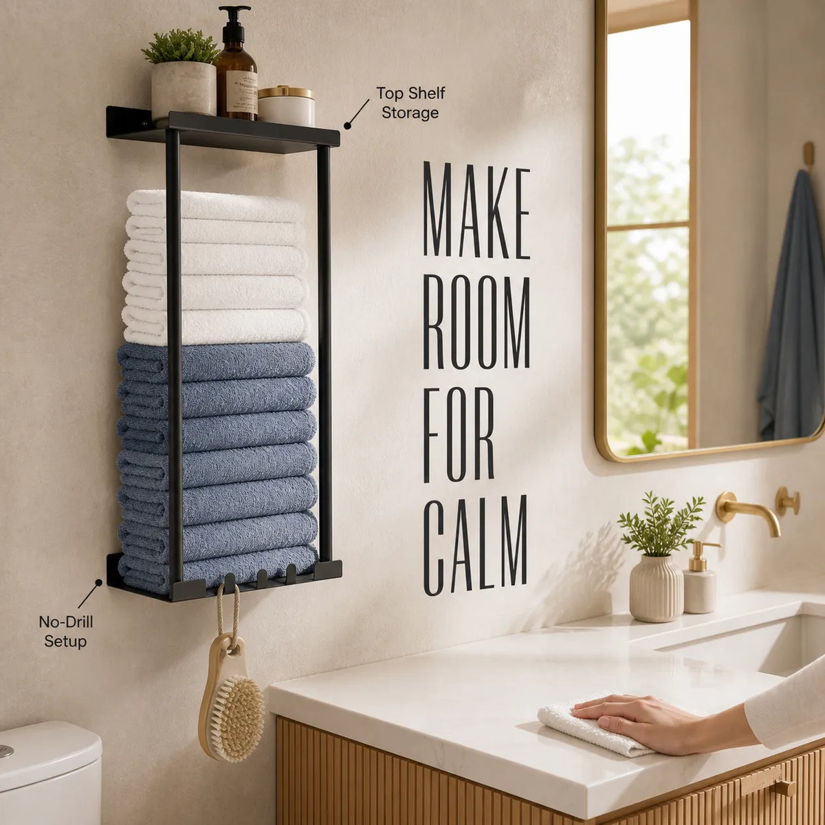 Wall-Mounted Towel Organizer with Top Shelf & 3 Hooks