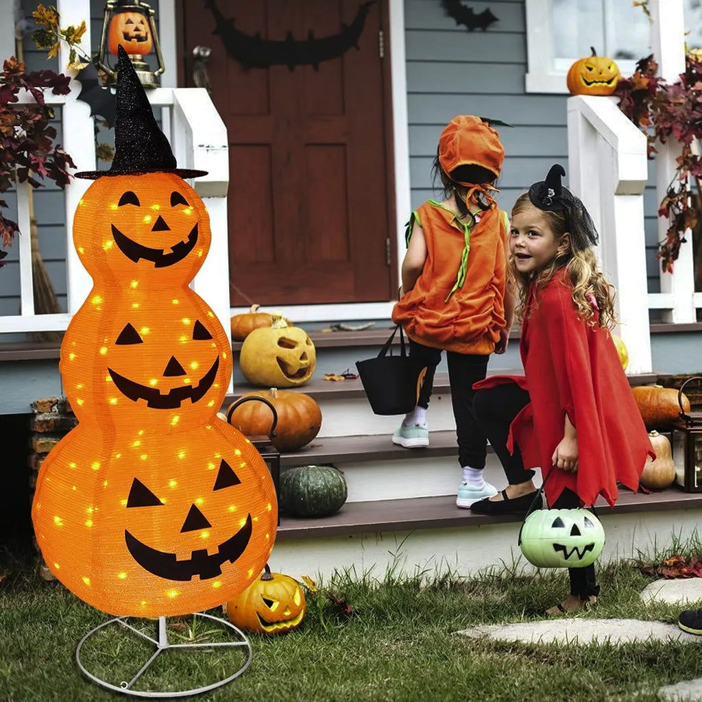 3-Tier Lighted Pumpkin Lantern Stack with Witch Hat