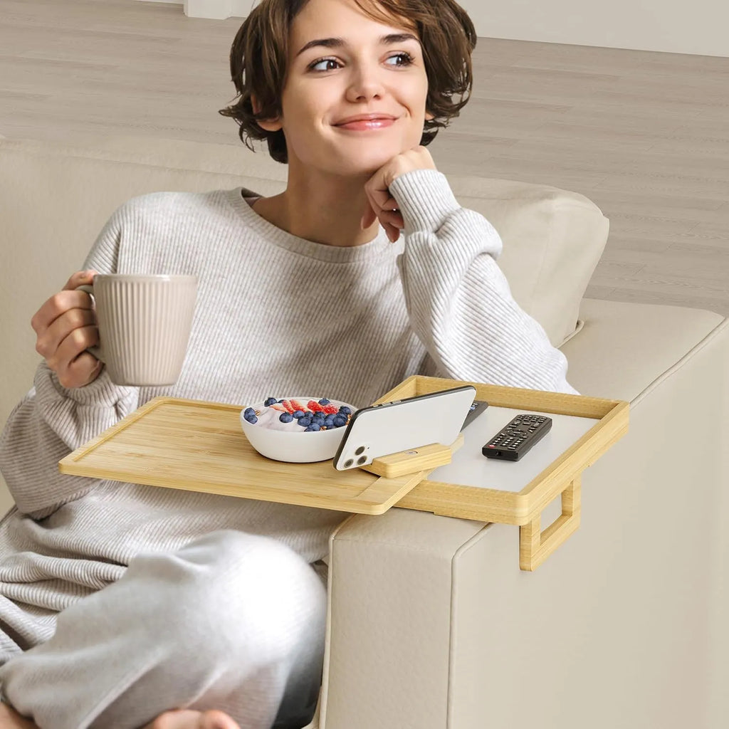 Adjustable Couch Armrest Tray Table with 360° Rotating Stand & Hidden Storage