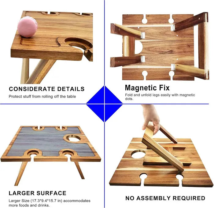 🍷 Portable Bamboo Picnic Table with Wine Glass Holders