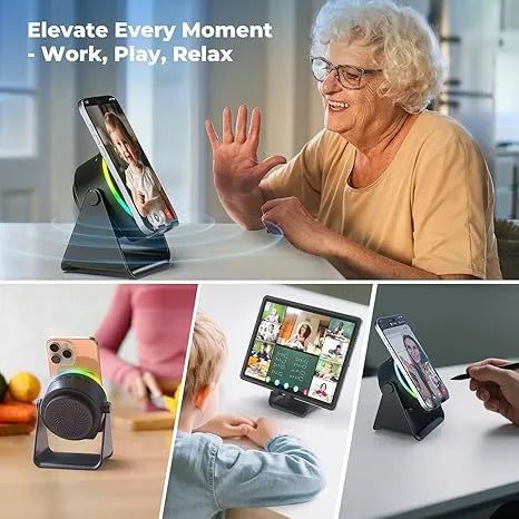 🔊 2-in-1 Wireless Induction Speaker & Adjustable Phone Stand with RGB Ambient Light