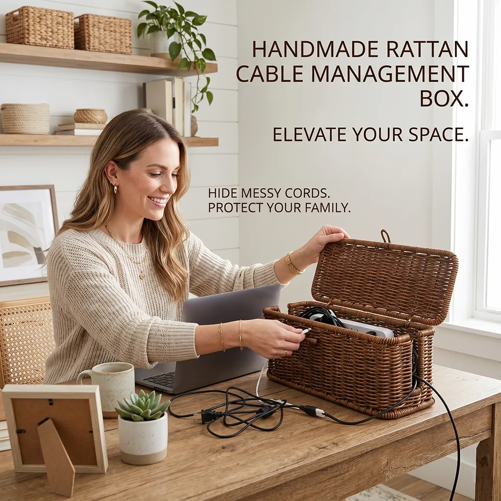 🧺 Handmade Rattan Cable Management Box