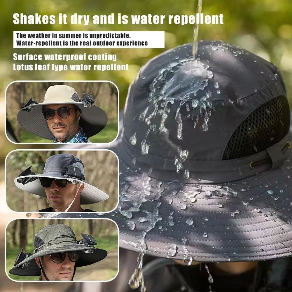 Wide Brim Sun Hat with Dual Solar-Powered Fans