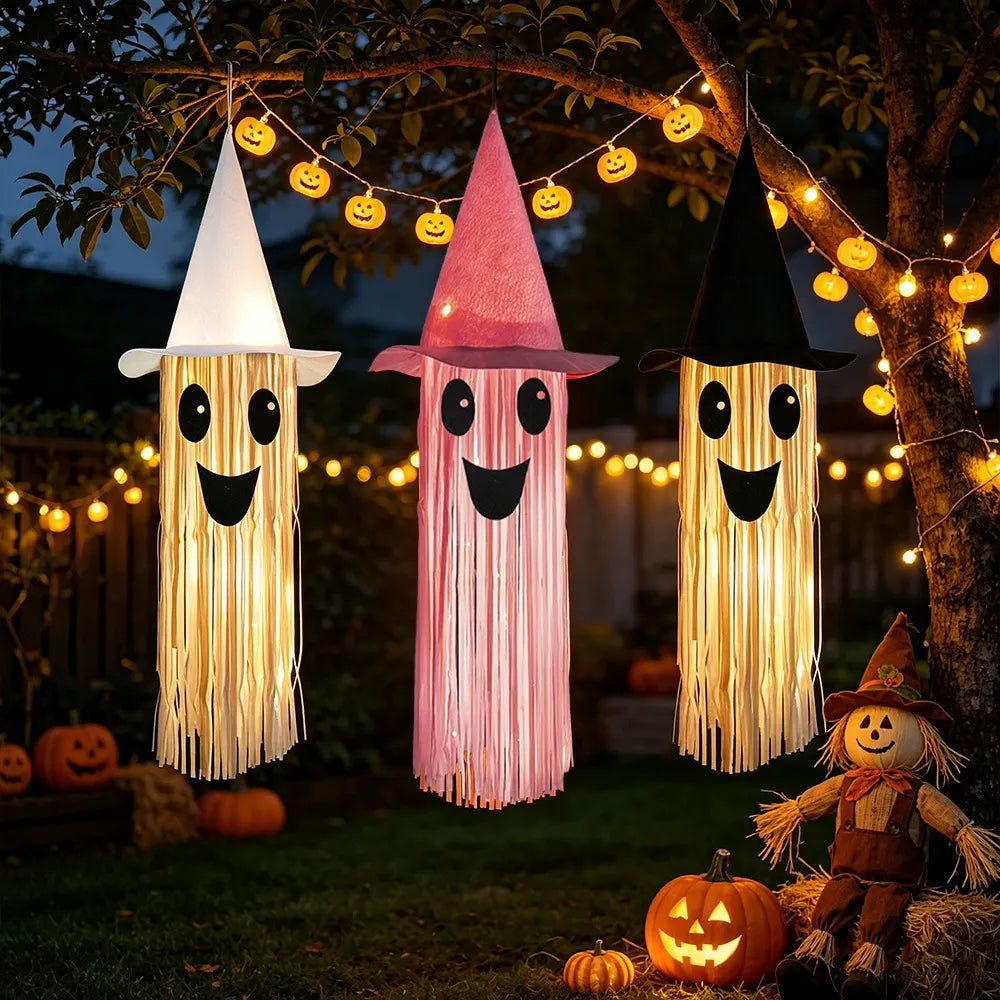 31.5-Inch Light-Up Tassel Ghost Witch Hat Halloween Decoration