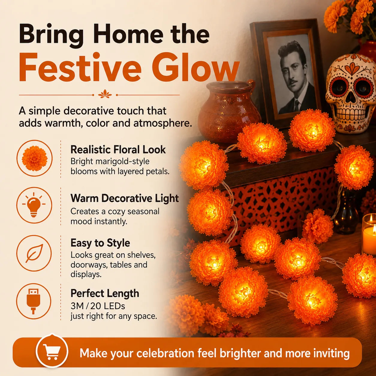Lighted Marigold Flower String Lights - 10 ft, 20 Warm LEDs