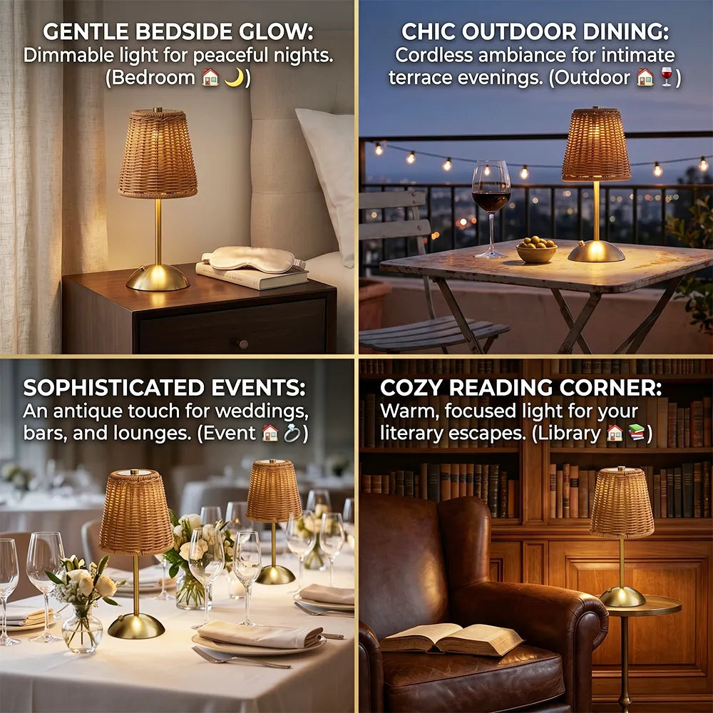 🌿Cordless Rattan Table Lamp – Rechargeable Boho LED Bedside Lamp