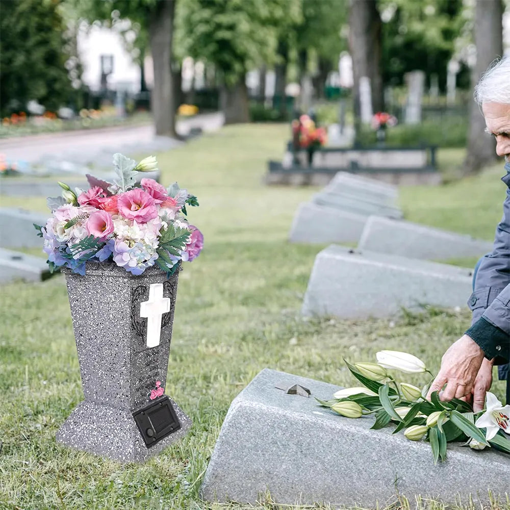 🕊️ Solar Cemetery Vase with LED Cross Light 🌿✨