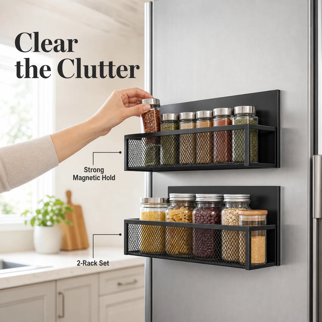 Magnetic Refrigerator Storage Rack Set – 2 Large Black Baskets