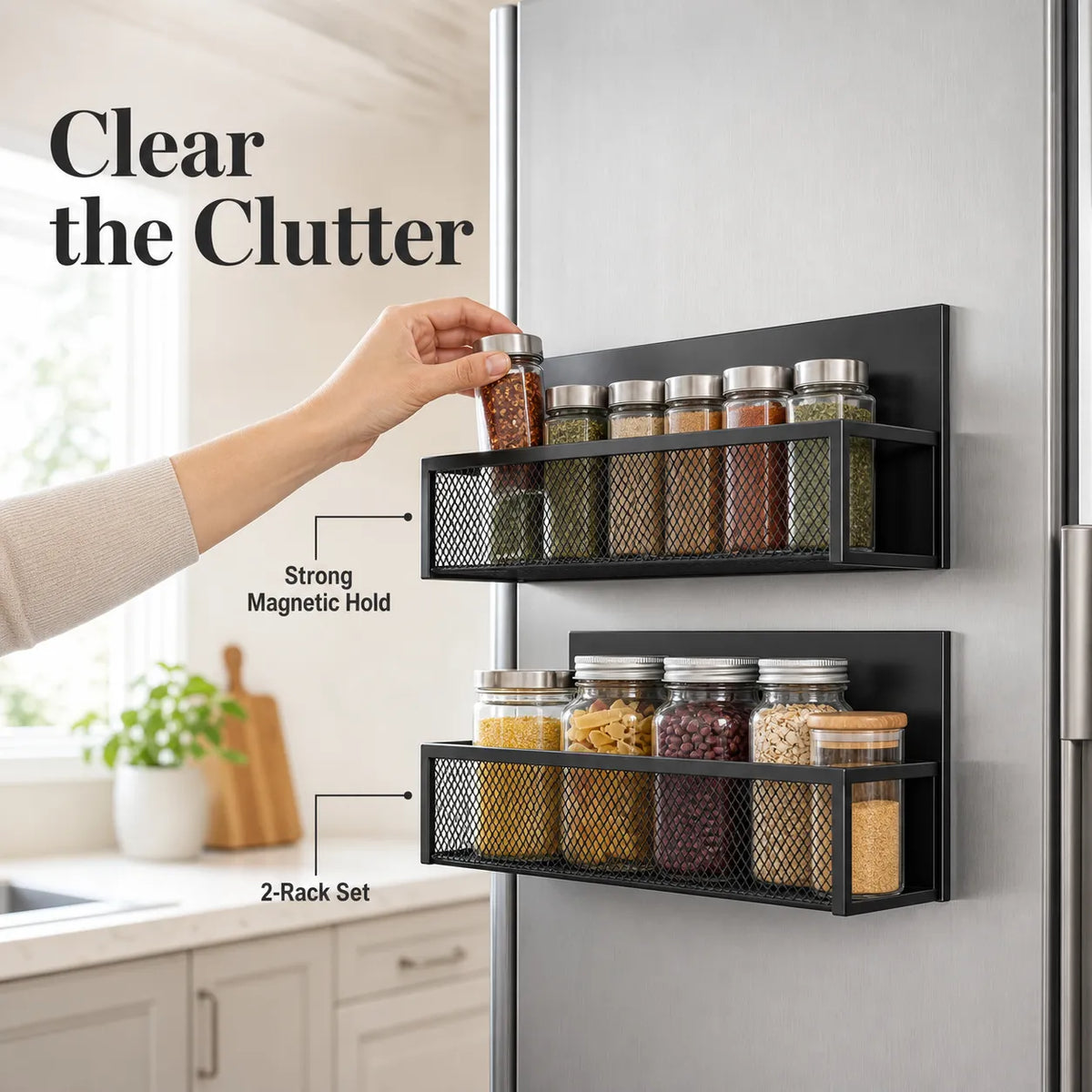 Two large black magnetic racks organizing spices beside a refrigerator