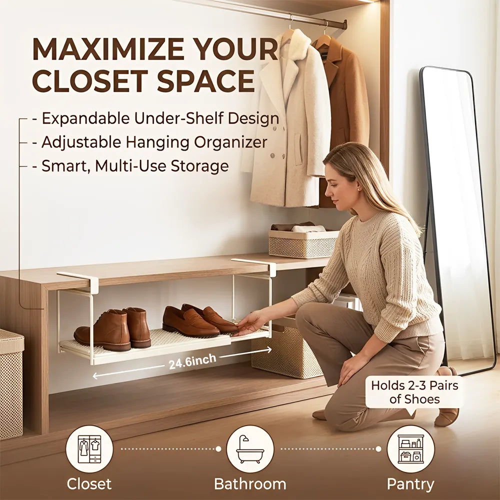 👟✨Expandable Under-Shelf Shoe Rack – Adjustable Hanging Organizer for Smart Storage