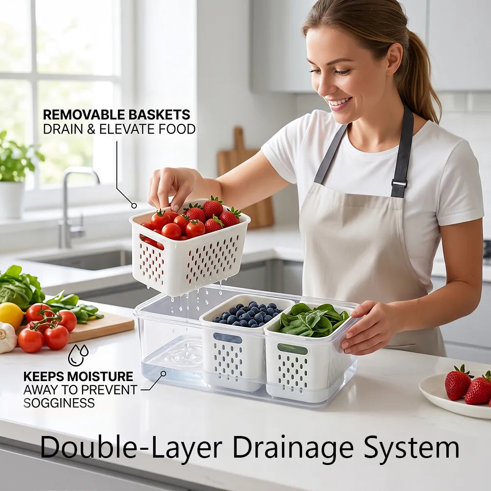 🥗 3-Compartment Refrigerator Crisper Container with Lid & Drain Basket