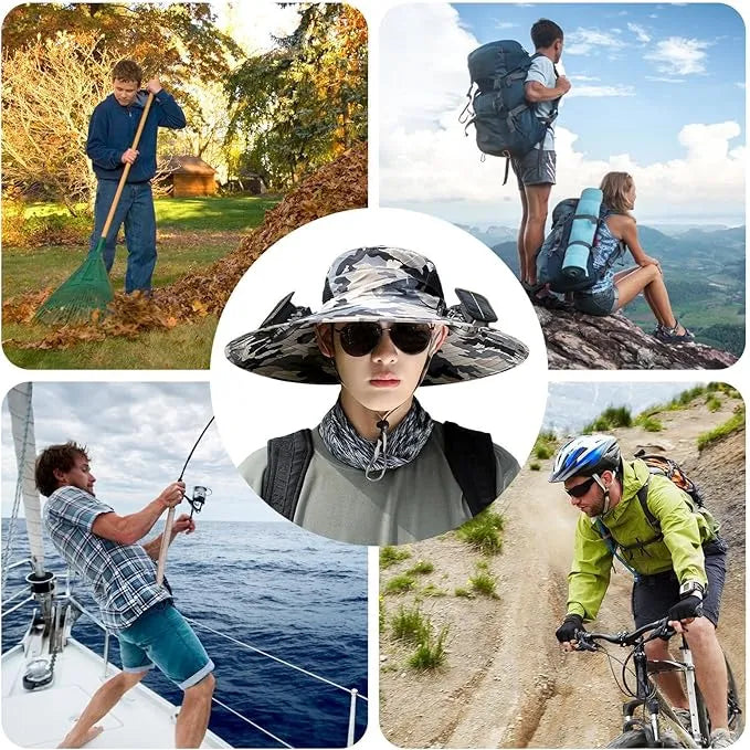 Wide Brim Sun Hat with Dual Solar-Powered Fans