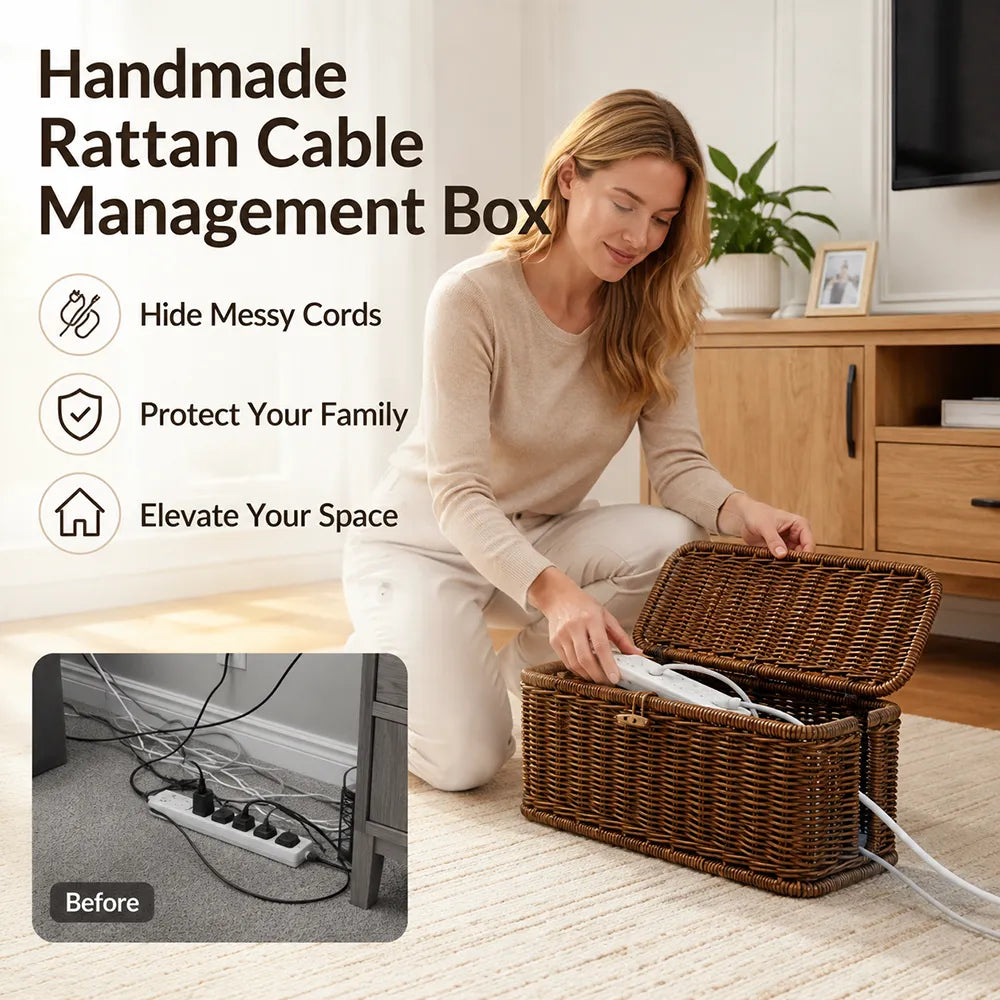 🧺 Handmade Rattan Cable Management Box