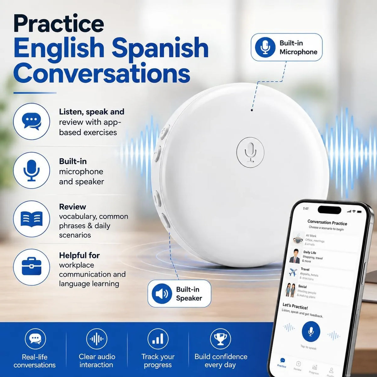 Wearable translator paired with an app for conversation practice